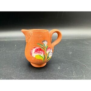 Portugal Hand Painted Terracotta Creamer Pitcher Floral Design Folk‎ Art Decor
